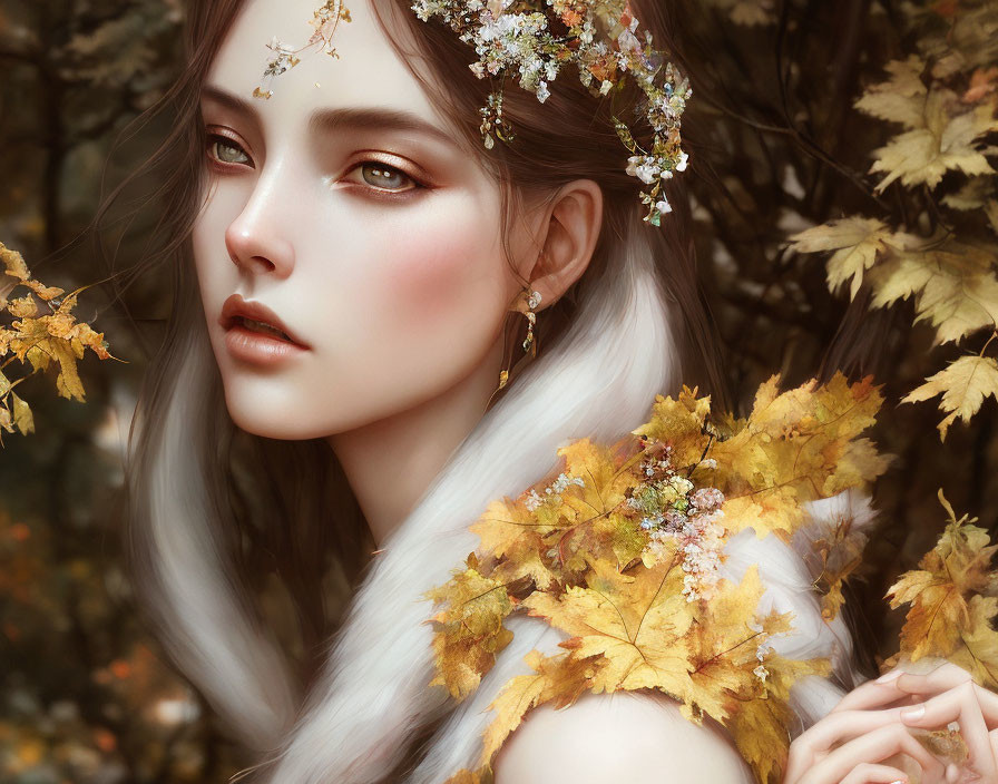 Fair-skinned woman with white hair surrounded by autumn leaves and flowers in golden foliage.