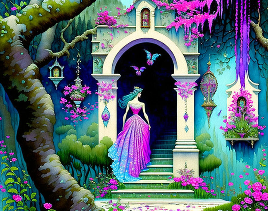 Illustration of woman in purple dress at archway surrounded by lush foliage