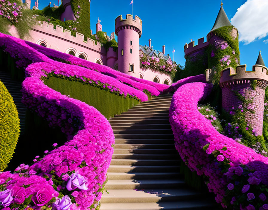 Fairytale castle with pink walls and towers against blue sky