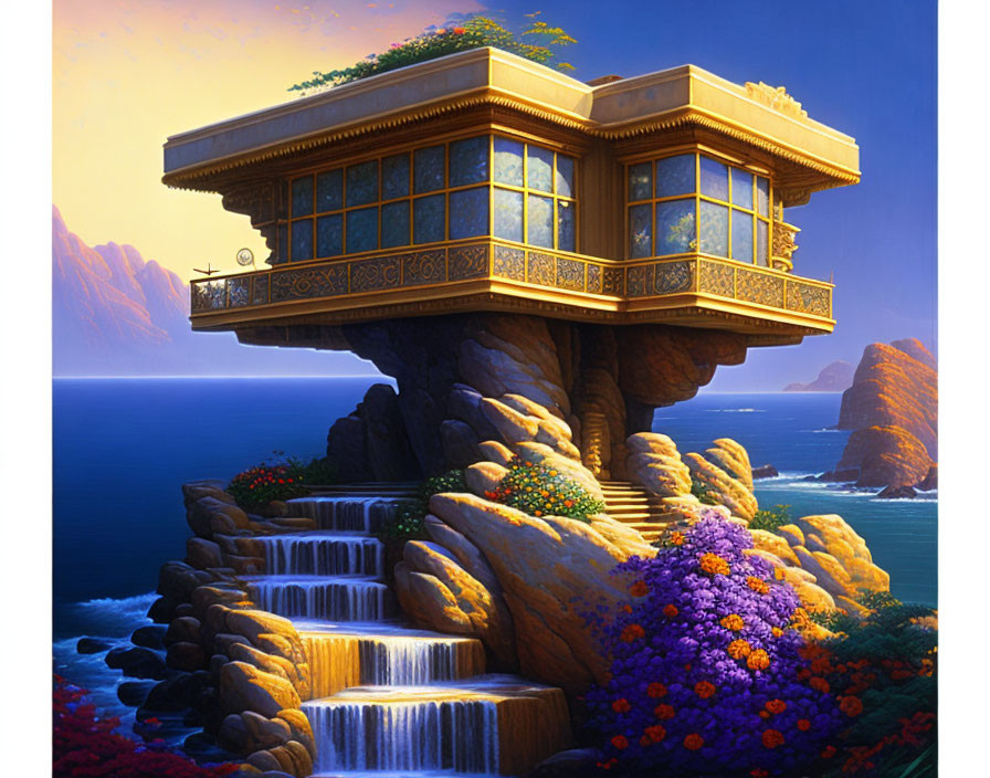 Ornate house on rocky cliff with waterfalls and purple flowers overlooking ocean at sunset