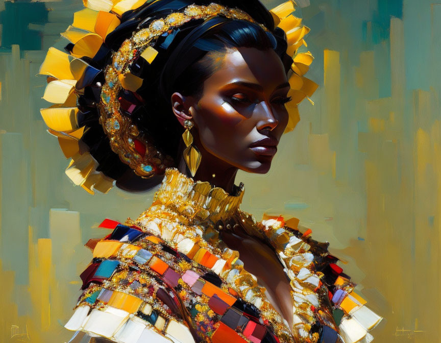 Woman portrait with gold headpiece and colorful garment