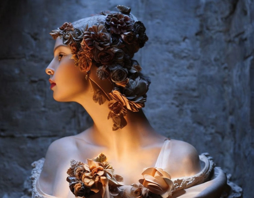 Woman in floral headdress and dress under warm light against dark background