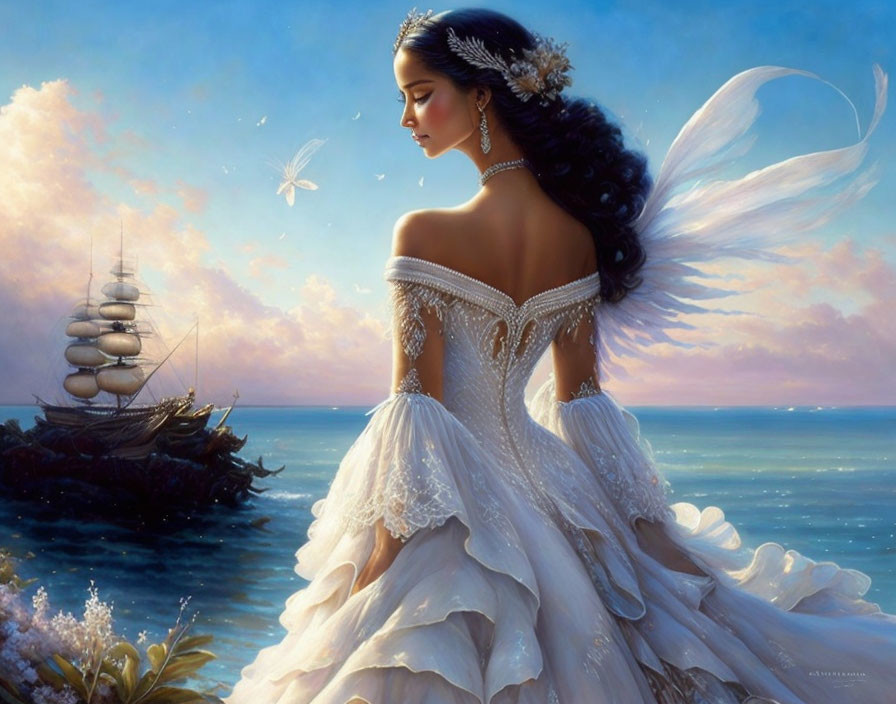 Woman with fairy wings in white gown gazes at sea with sailing ship, sunset, and butterflies.