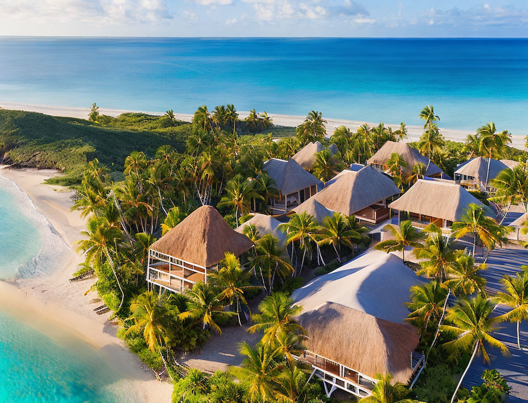 Thatched-Roof Bungalows in Tropical Beach Resort