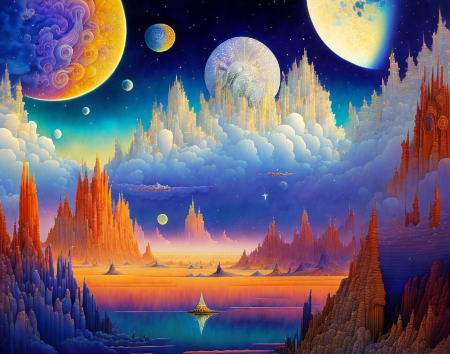 Vibrant Orange and Purple Fantasy Landscape with Crystal Formations