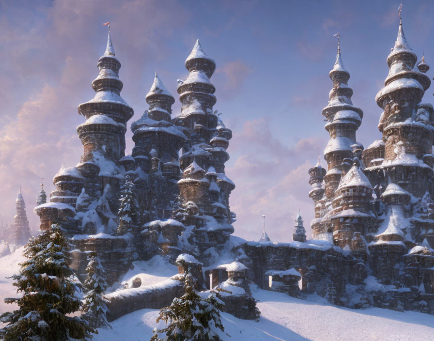 Fantasy Castle with Spiraling Towers in Snowy Winter Landscape