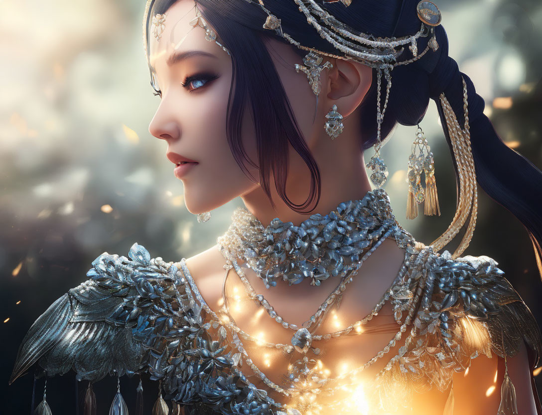 Woman with Elaborate Jewelry and Headdress in Dreamy Setting