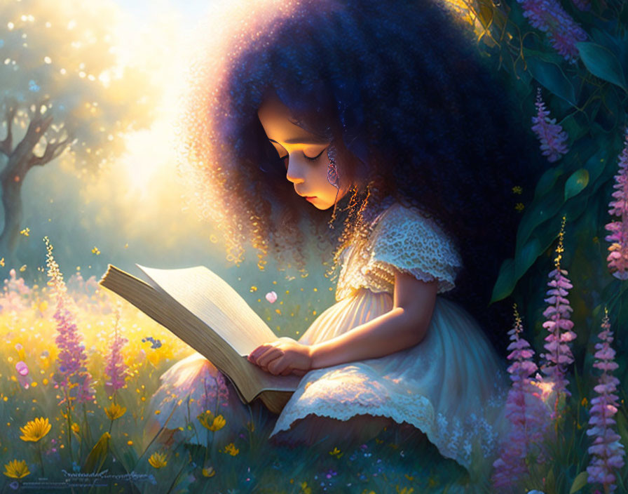 Young girl with voluminous curly hair reading in lush meadow surrounded by flowers