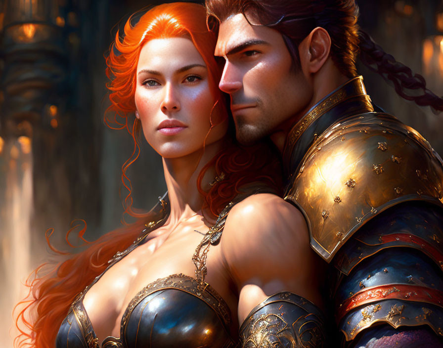 Red-haired female warrior embraces dark-haired male warrior in forest setting