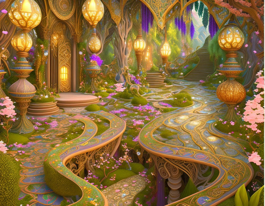 Enchanting fantasy garden with winding paths, lanterns, flowers, and tree archways