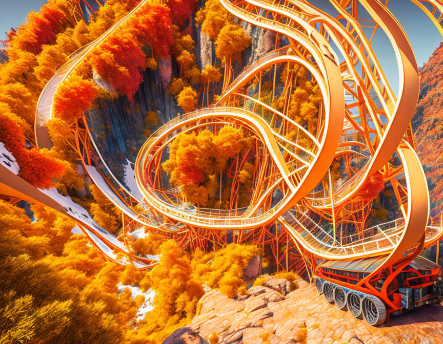 Fantastical orange roller coaster in autumnal forest landscape