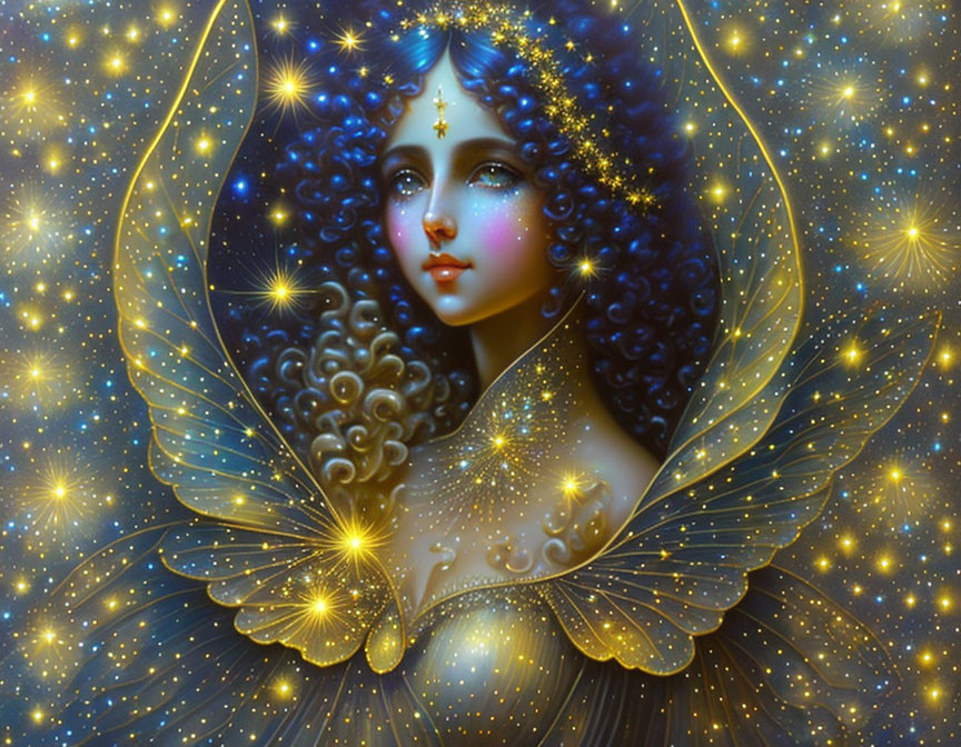 Blue-skinned woman with butterfly wings and starry patterns.