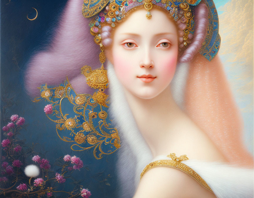 Surreal portrait of woman with pastel skin and golden headdress