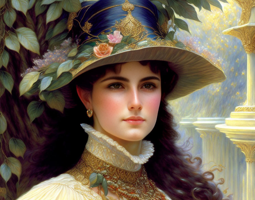 Woman portrait with blue hat and pink rose, vintage attire, serene expression, nature backdrop