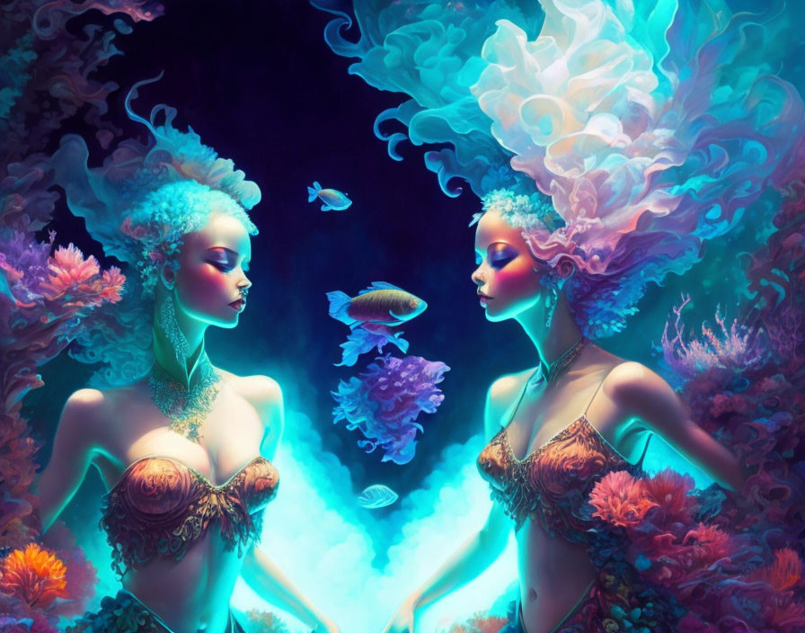 Ethereal women with vibrant sea-life hair holding hands underwater