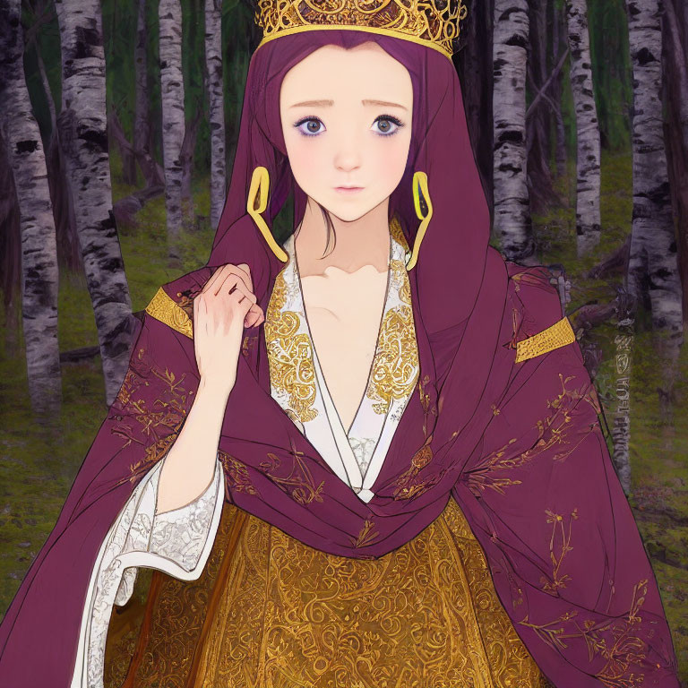 Medieval-style illustrated young woman in purple and gold gown.