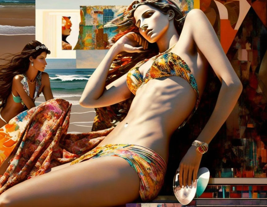 Digital artwork of two women in bikinis lounging in colorful mosaic beach scene