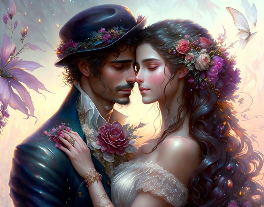 Romantic couple with floral headpieces in intimate embrace