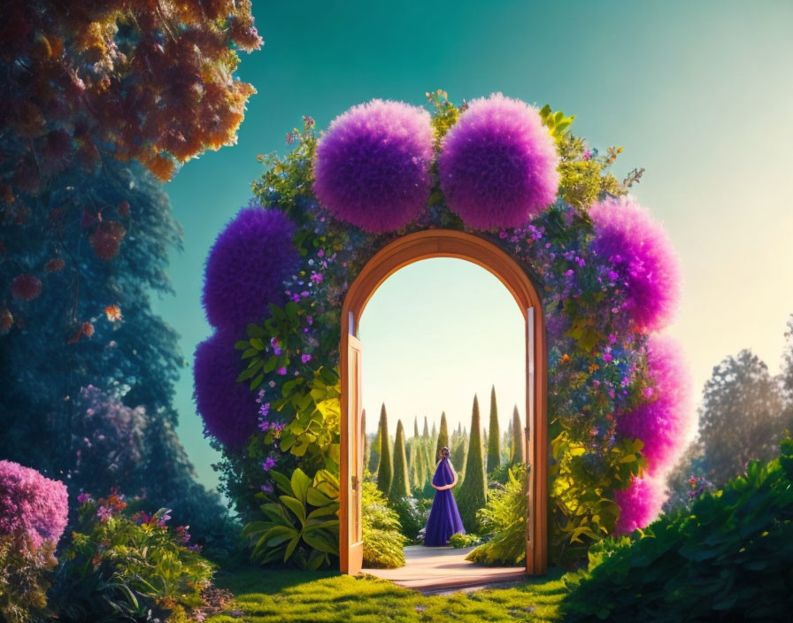 Lush garden with purple flower archway and person in the distance