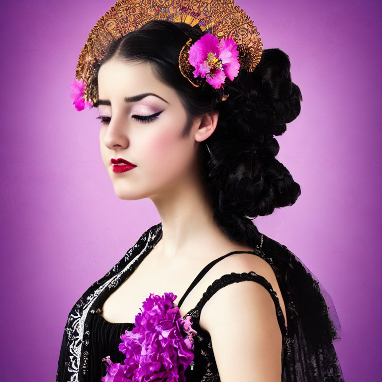 Traditional Attire Woman with Decorative Headpiece on Purple Background