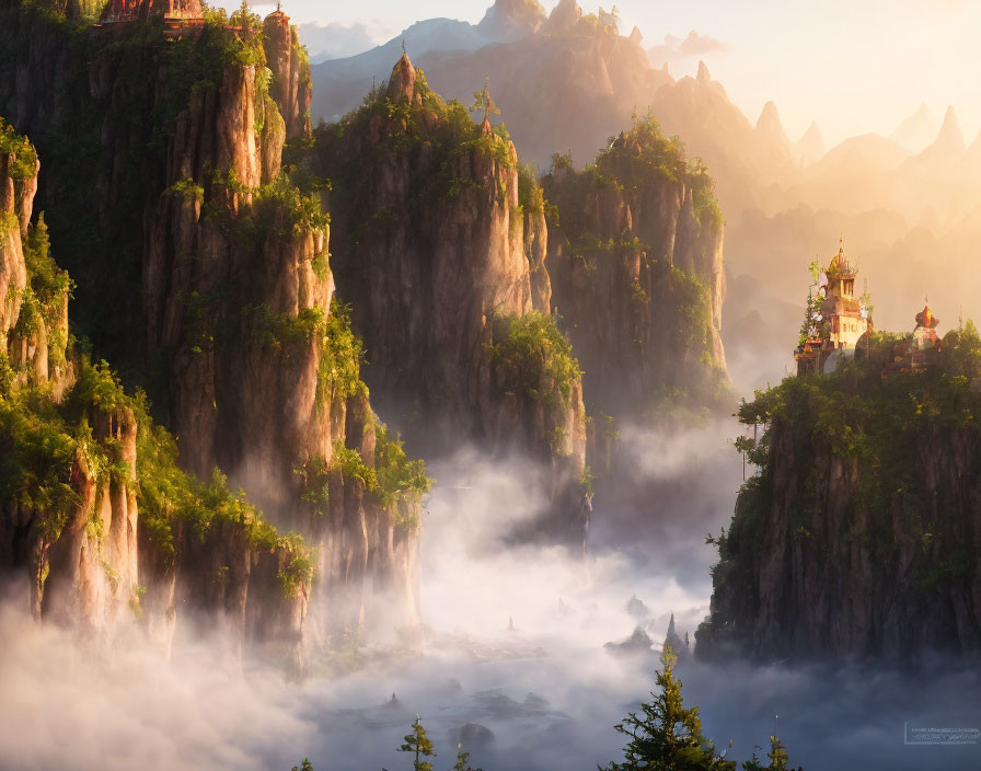 Ethereal sunrise over misty mountain landscape