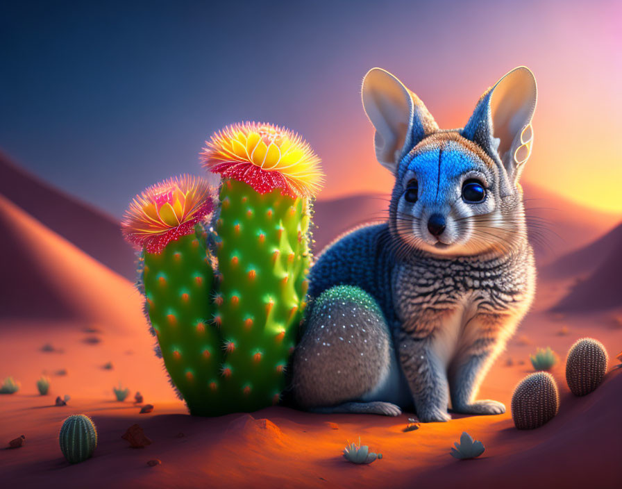 Blue rodent and cactus in serene desert at dusk