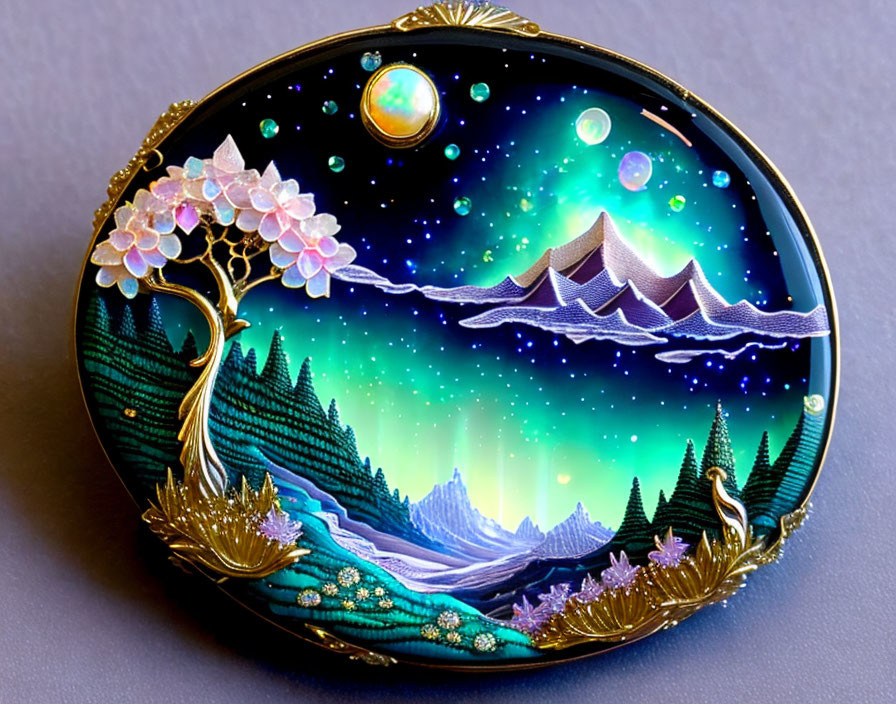 Circular Brooch with Night Scene and Gemstones