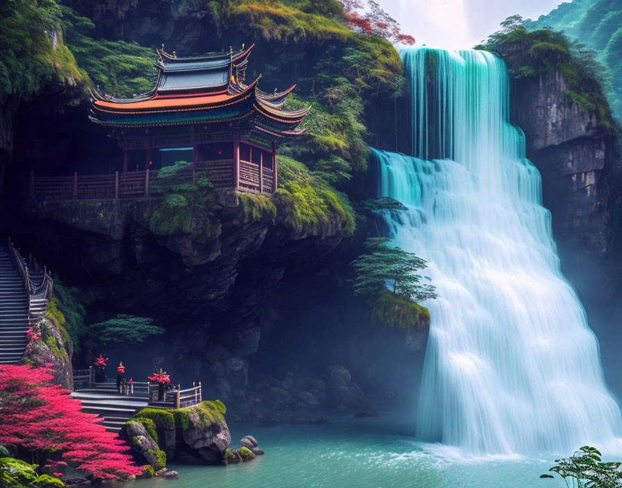 Traditional Asian Pavilion Overlooking Waterfall and Foliage