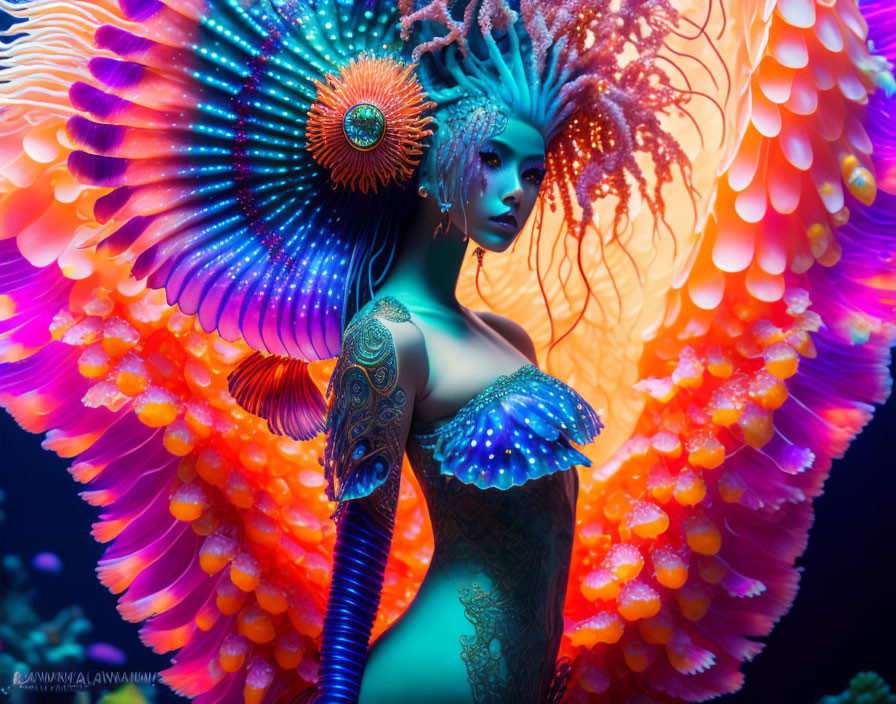 Colorful underwater fantasy creature with coral-like features & intricate skin