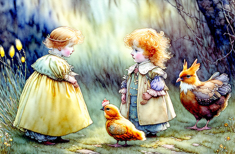 Vintage clothing children with hen and chick in dreamlike scene