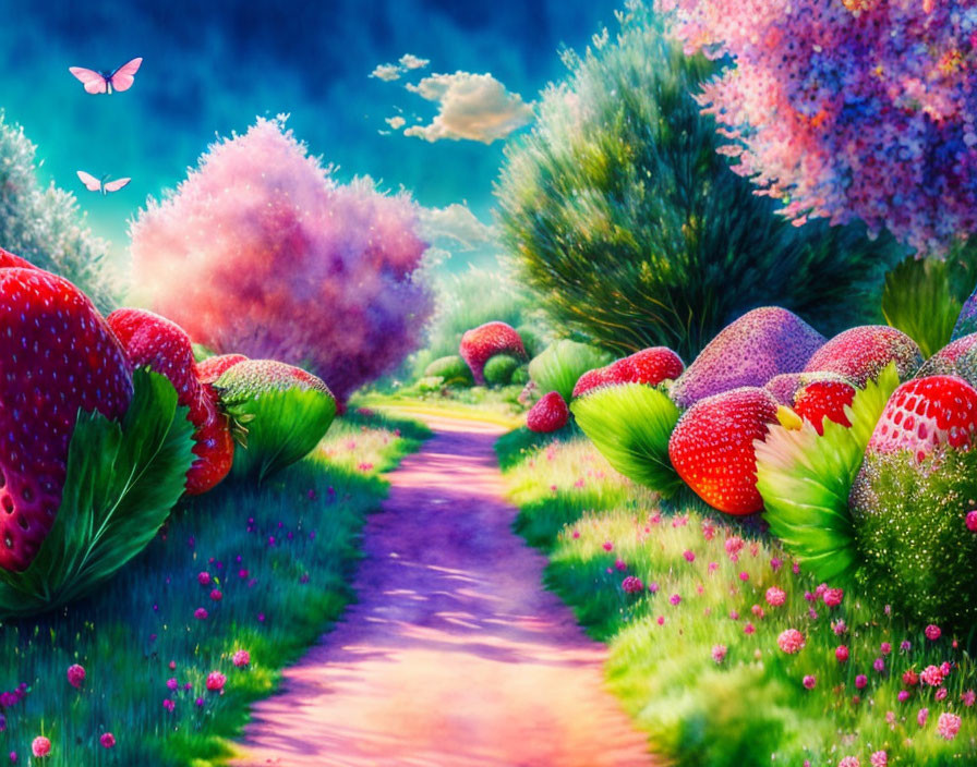 Colorful Fantasy Pathway with Oversized Strawberries and Fluffy Trees