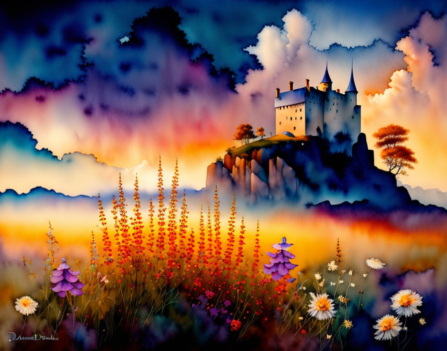 Colorful castle painting on cliff with sunset sky, flowers, and trees.