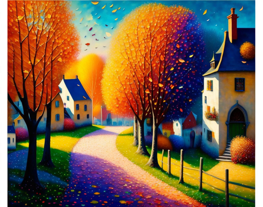 Colorful Autumn Village Scene with Winding Path and Quaint House