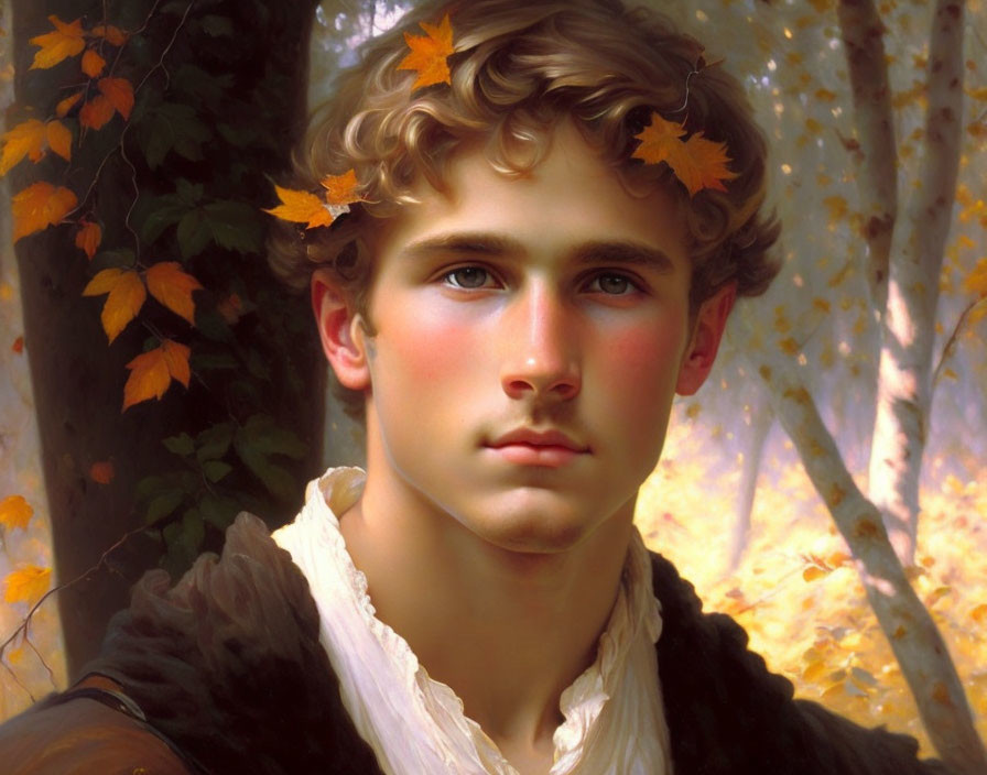 Young man with curly hair in autumn leaves, displaying serene expression