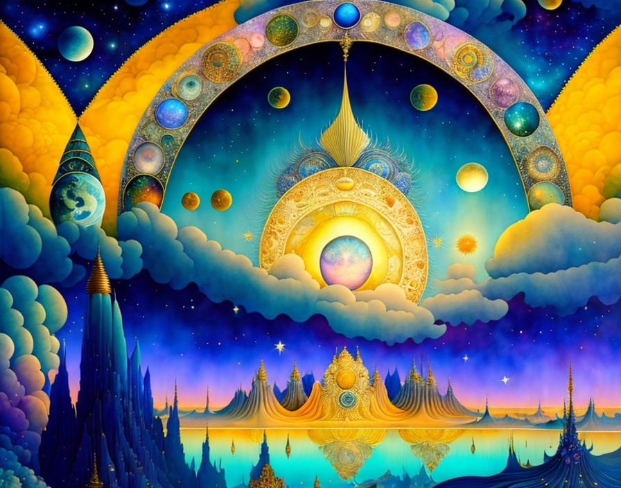 Surreal cosmic arch with planetary bodies and central eye