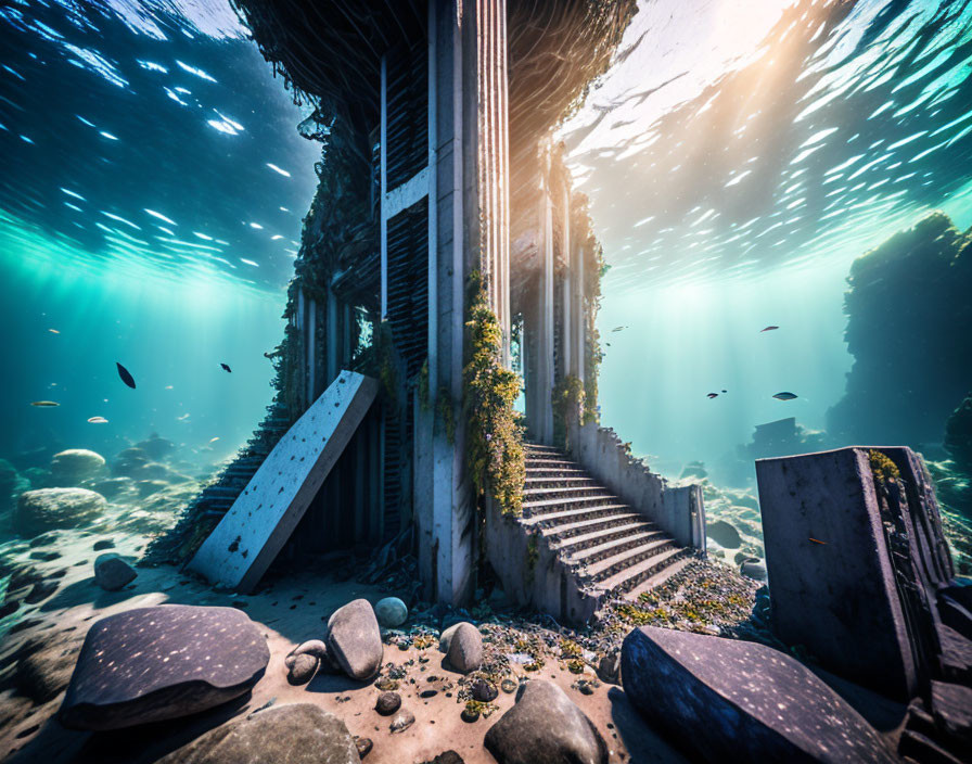 Sunken building with columns, stairs, and aquatic life in underwater scene