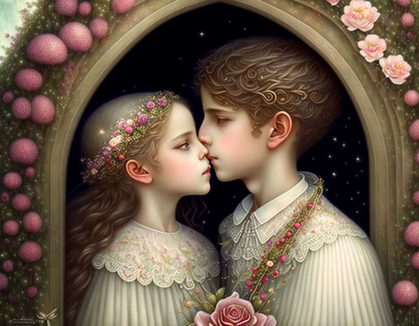 Illustrated children kissing under floral arch with starry backdrop