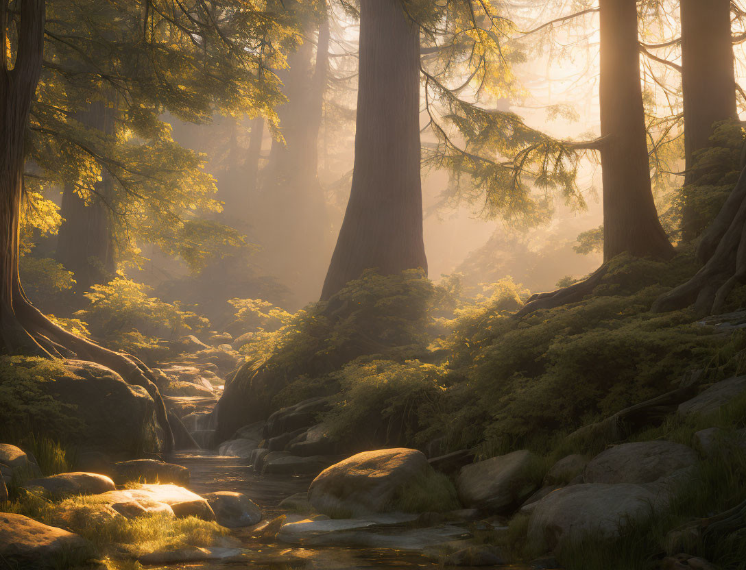 Misty forest with moss-covered rocks and stream under sunlight