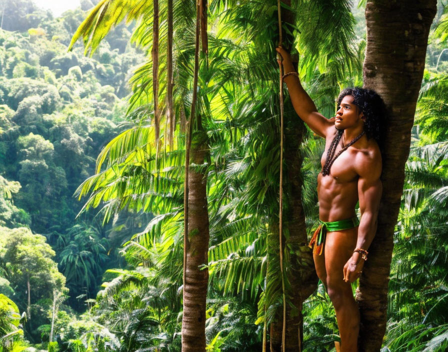 Muscular Person in Green Attire by Palm Tree in Tropical Forest