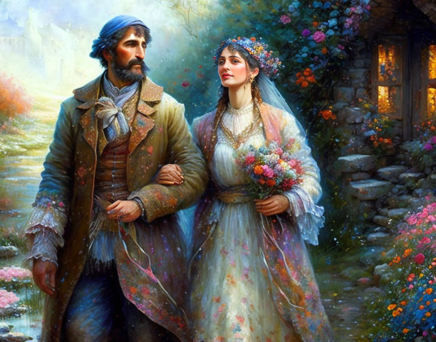 Victorian-era couple in floral attire linking arms in meadow