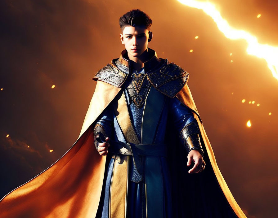 Young man in medieval armor with flowing cape in fiery fantasy background