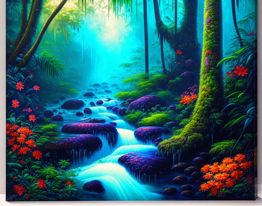 Mystical forest scene with stream, rocks, greenery, and red flowers