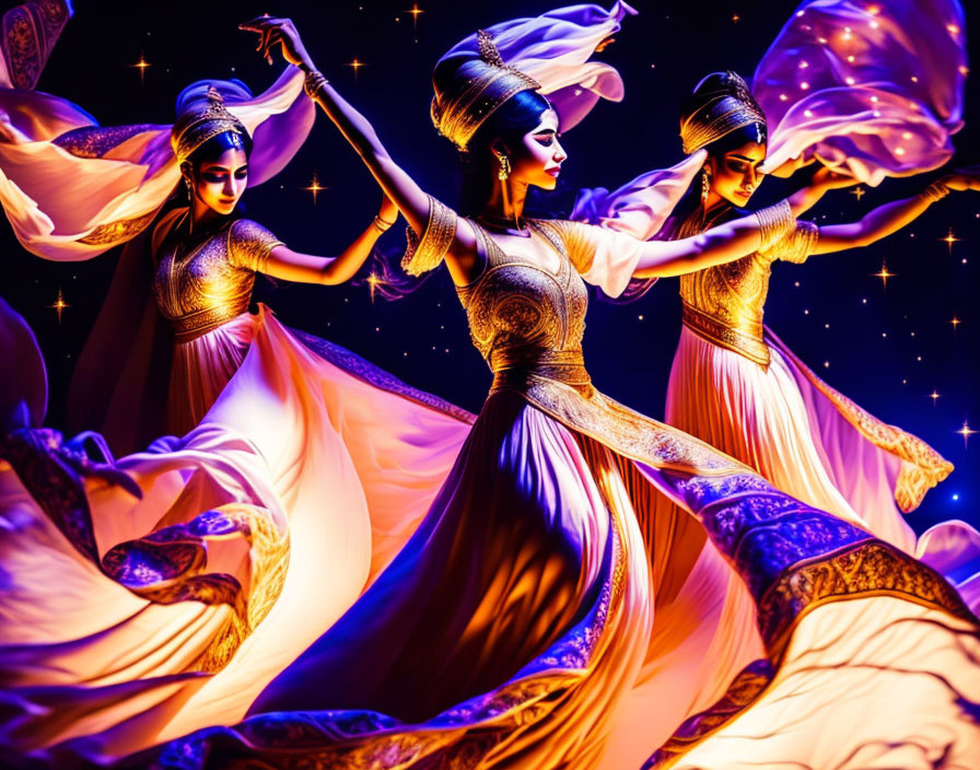 Three dancers in golden costumes against starry background swirl movement.