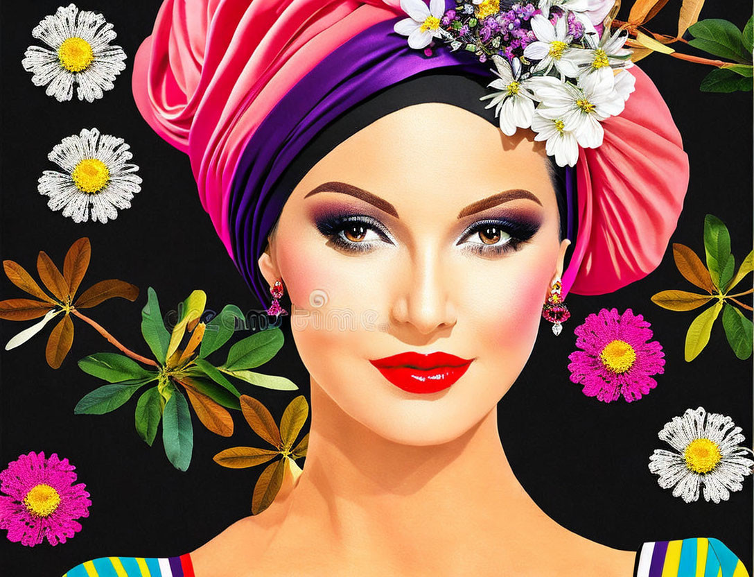 Vibrant woman in floral turban with bold makeup on black background