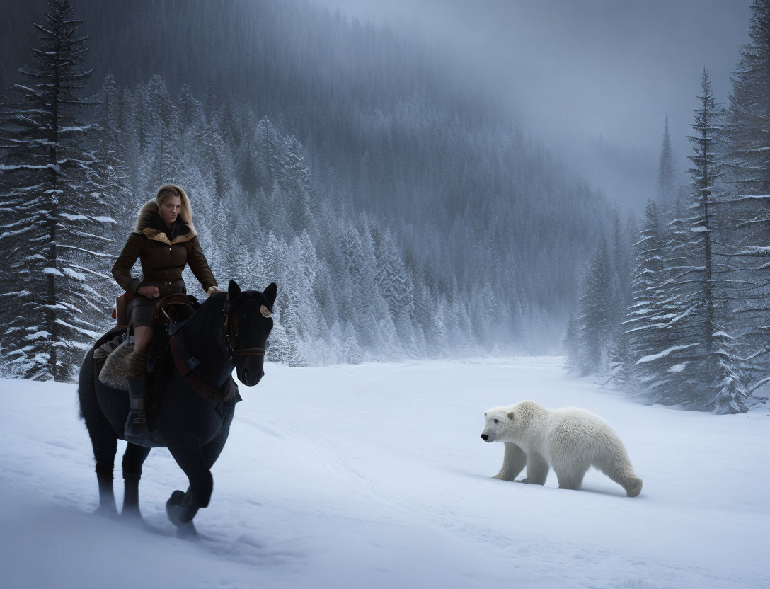 Equestrian on dark horse in snowy landscape with polar bear and pine trees