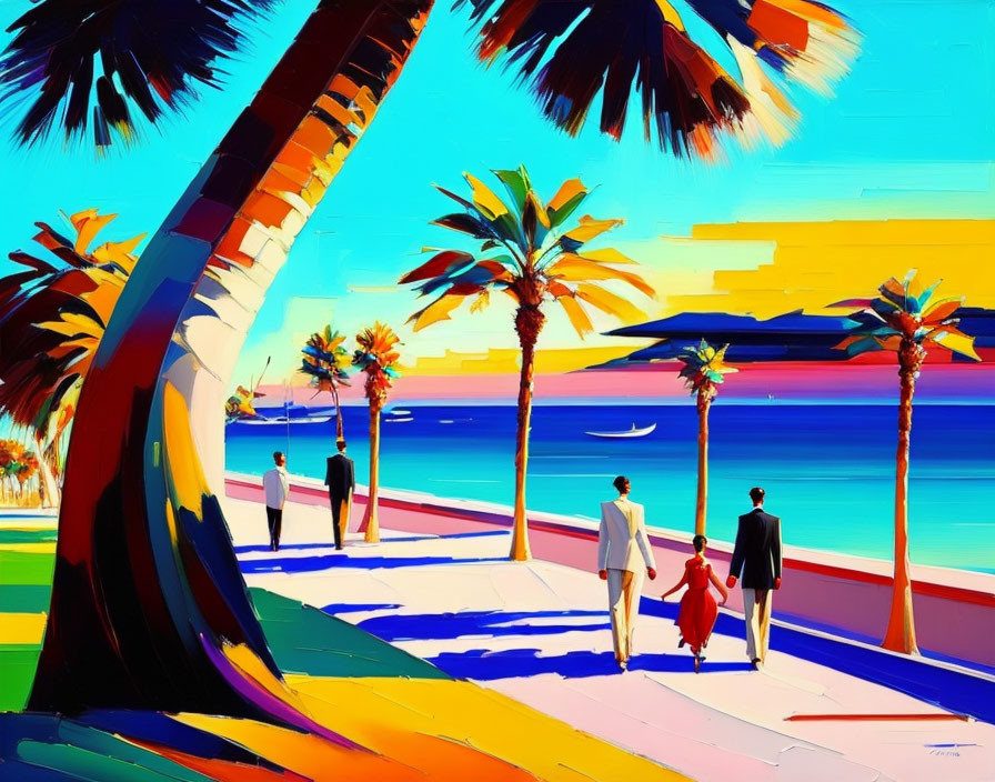 Colorful painting of people by the sea with palm trees and clear sky