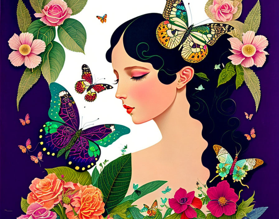 Dark-haired woman among vibrant flowers and butterflies on purple background