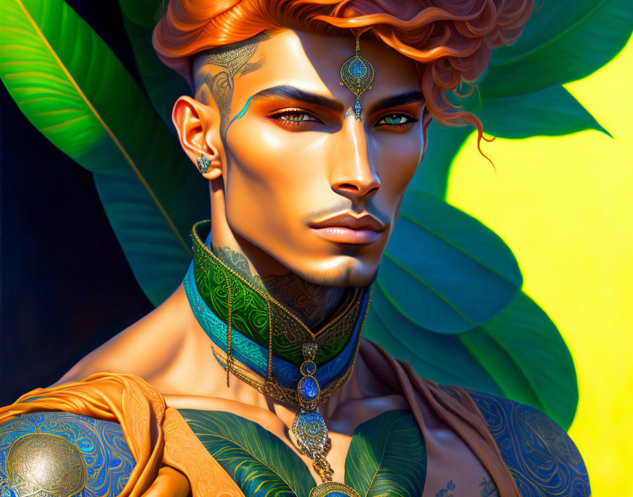 Vibrant illustration of person with orange hair and jewelry on leaf backdrop