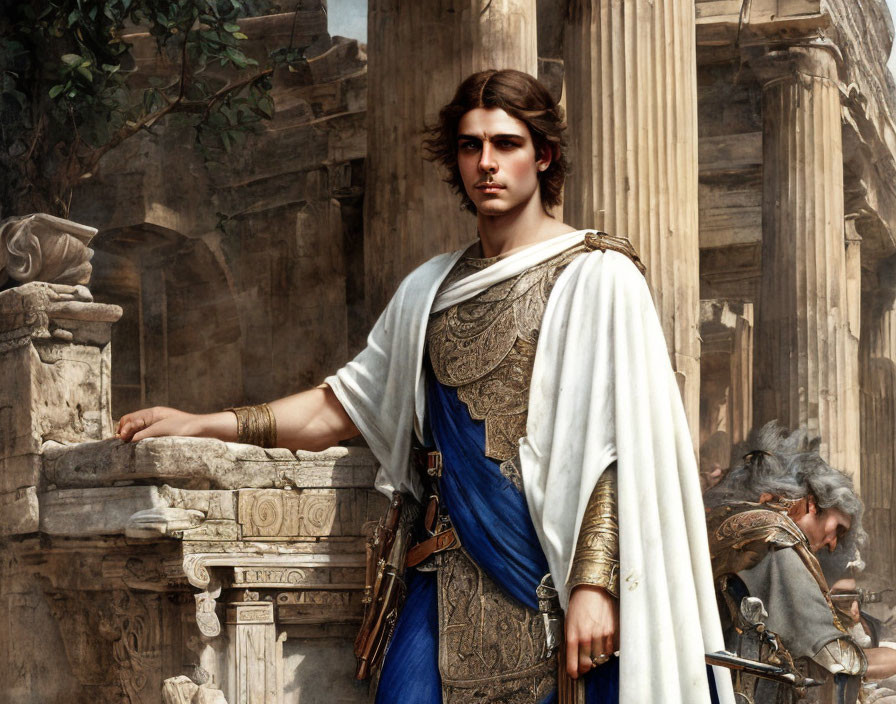 Ancient Roman-themed painting of young man by stone pillars