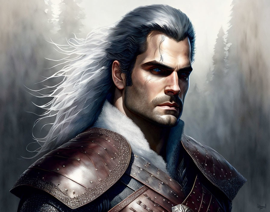 Fantasy warrior digital illustration with white hair and detailed armor